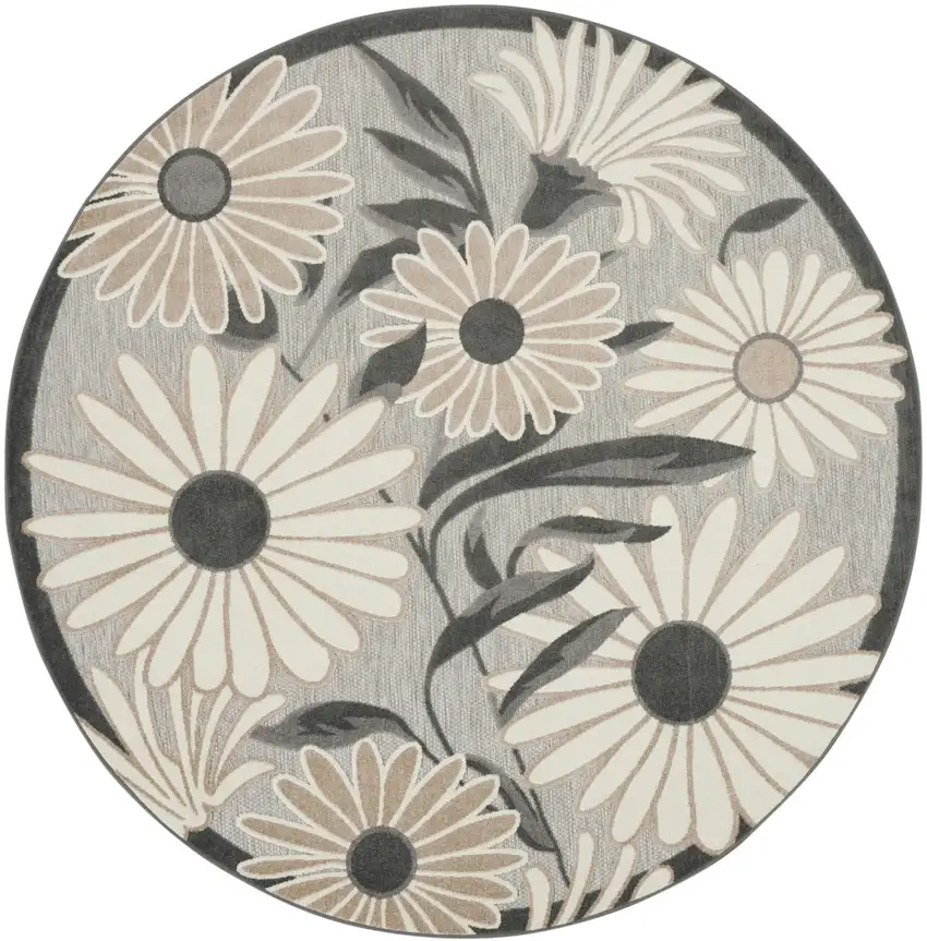 8' Beige Round Floral Indoor Outdoor Area Rug Photo 3