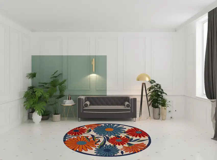 8' Blue and Orange Round Floral Power Loom Area Rug Photo 2