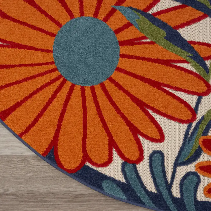 8' Ivory Orange and Blue Round Floral Indoor Outdoor Area Rug Photo 7