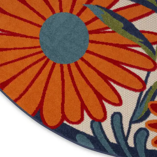 8' Ivory Orange and Blue Round Floral Indoor Outdoor Area Rug Photo 5