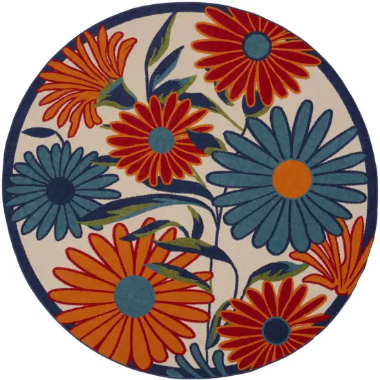8' Ivory Orange and Blue Round Floral Indoor Outdoor Area Rug Photo 3