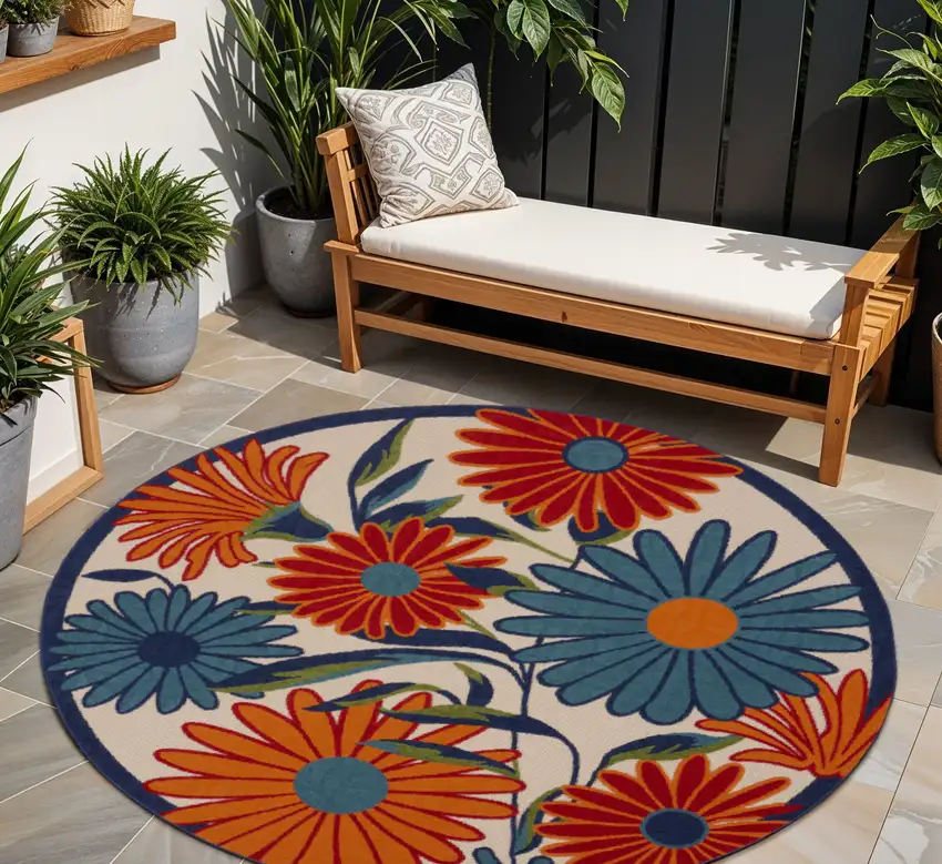 8' Ivory Orange and Blue Round Floral Indoor Outdoor Area Rug Photo 1