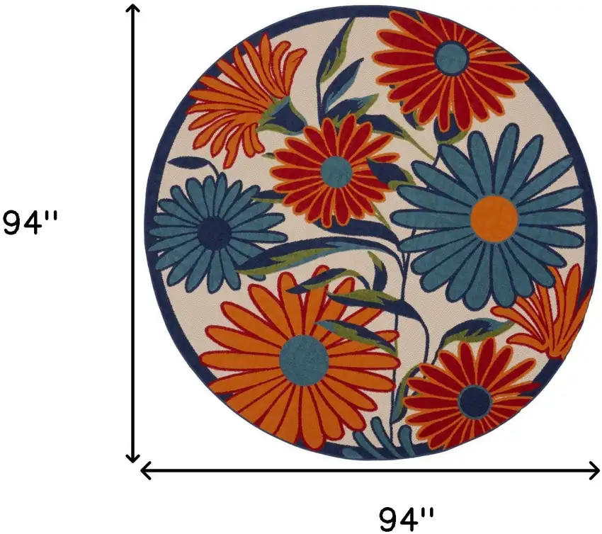 8' Ivory Orange and Blue Round Floral Indoor Outdoor Area Rug Photo 3