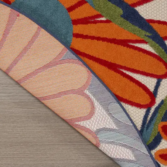 8' Ivory Orange and Blue Round Floral Indoor Outdoor Area Rug Photo 6
