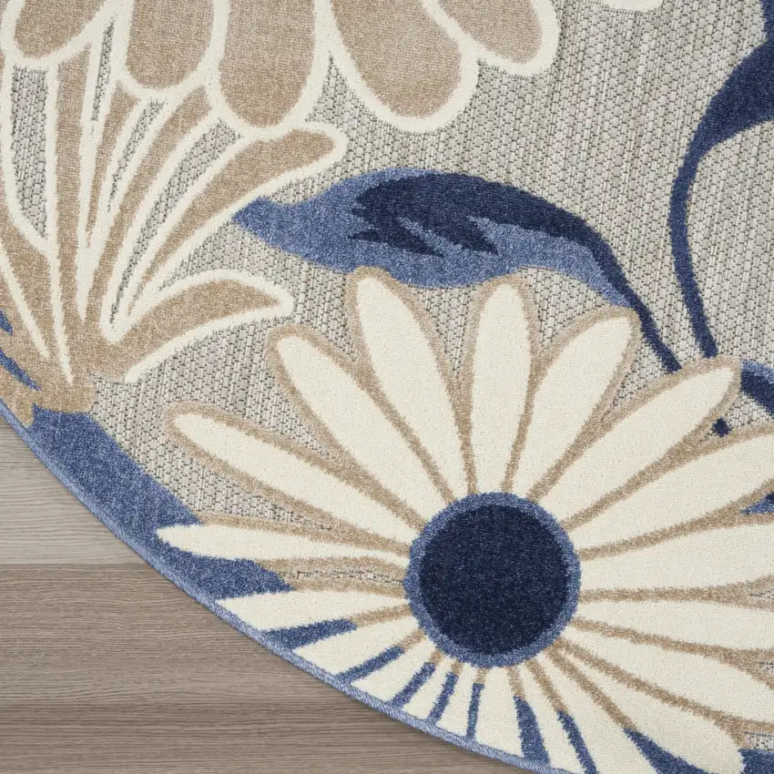 8' Blue and Gray Round Floral Indoor Outdoor Area Rug Photo 9