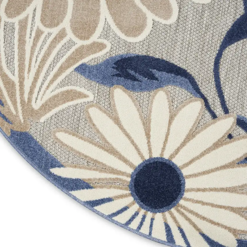 8' Blue and Gray Round Floral Indoor Outdoor Area Rug Photo 6