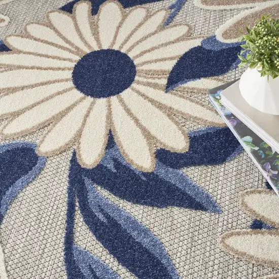 8' Blue and Gray Round Floral Indoor Outdoor Area Rug Photo 7