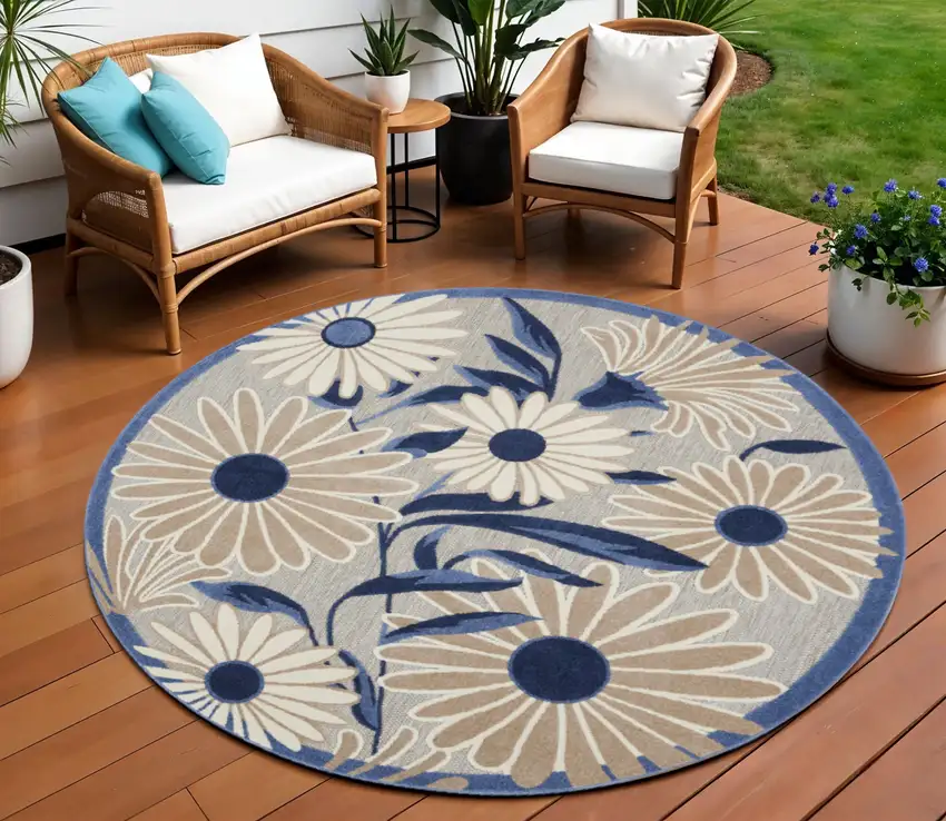 8' Blue and Gray Round Floral Indoor Outdoor Area Rug Photo 1