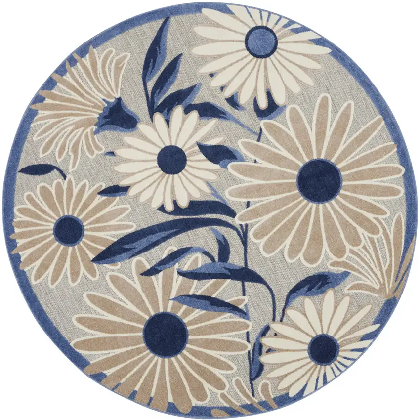 8' Blue and Gray Round Floral Indoor Outdoor Area Rug Photo 3