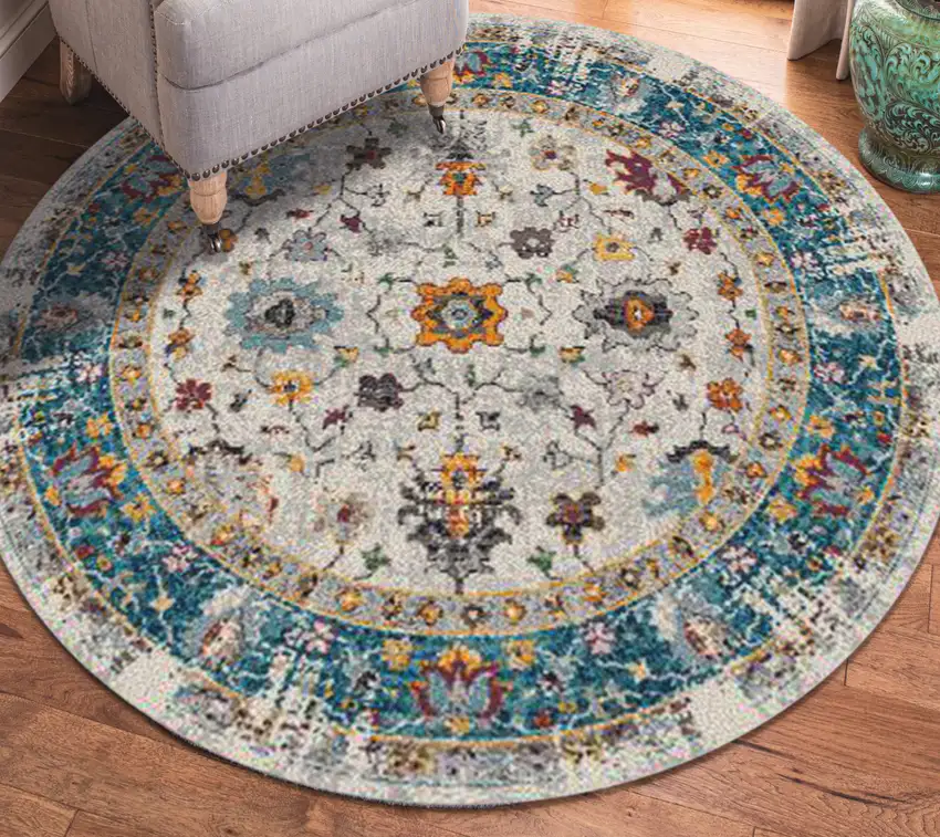 7' Blue and Orange Round Floral Power Loom Area Rug Photo 5