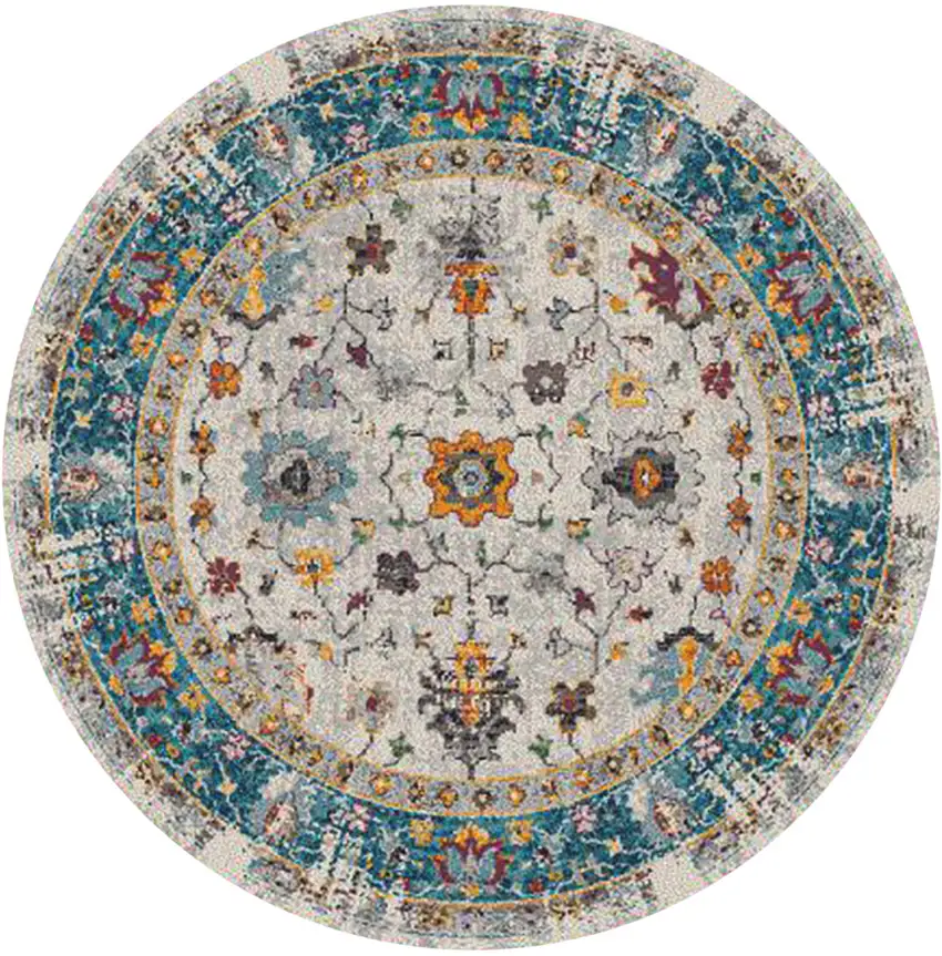 7' Blue and Orange Round Floral Power Loom Area Rug Photo 1