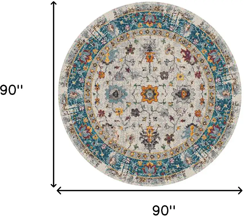 7' Blue and Orange Round Floral Power Loom Area Rug Photo 6