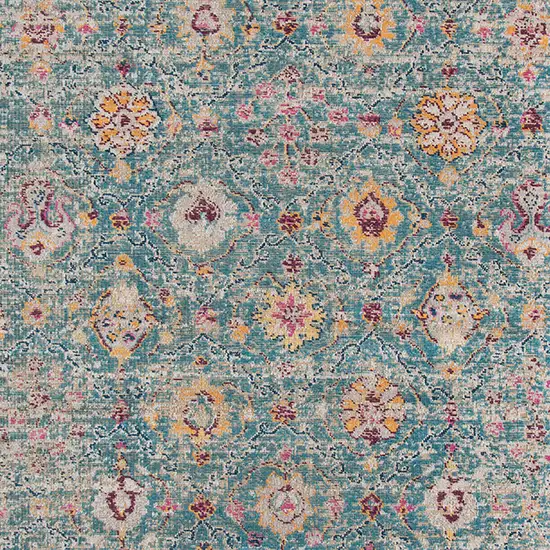 6' Blue and Orange Round Floral Power Loom Distressed Area Rug Photo 8