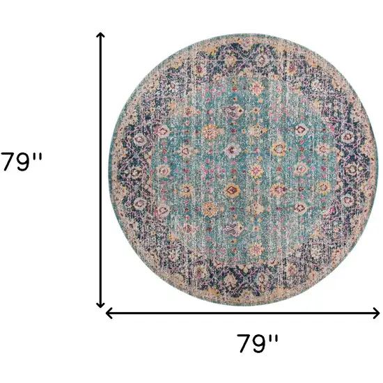 6' Blue and Orange Round Floral Power Loom Distressed Area Rug Photo 7