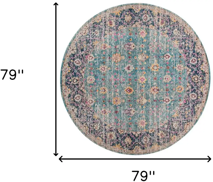 6' Blue and Orange Round Floral Power Loom Distressed Area Rug Photo 7