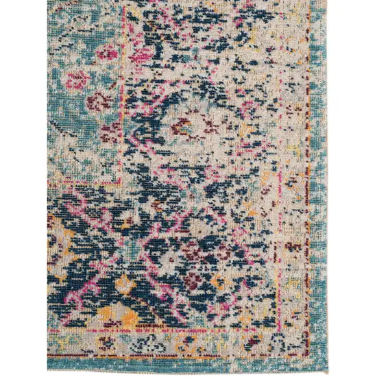 6' Blue and Orange Round Floral Power Loom Distressed Area Rug Photo 3