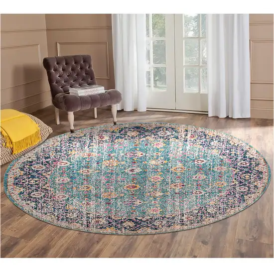 6' Blue and Orange Round Floral Power Loom Distressed Area Rug Photo 6
