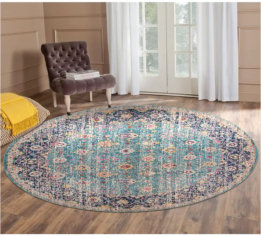 6' Blue and Orange Round Floral Power Loom Distressed Area Rug Photo 6