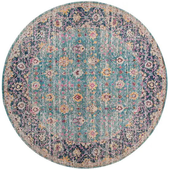 6' Blue and Orange Round Floral Power Loom Distressed Area Rug Photo 1