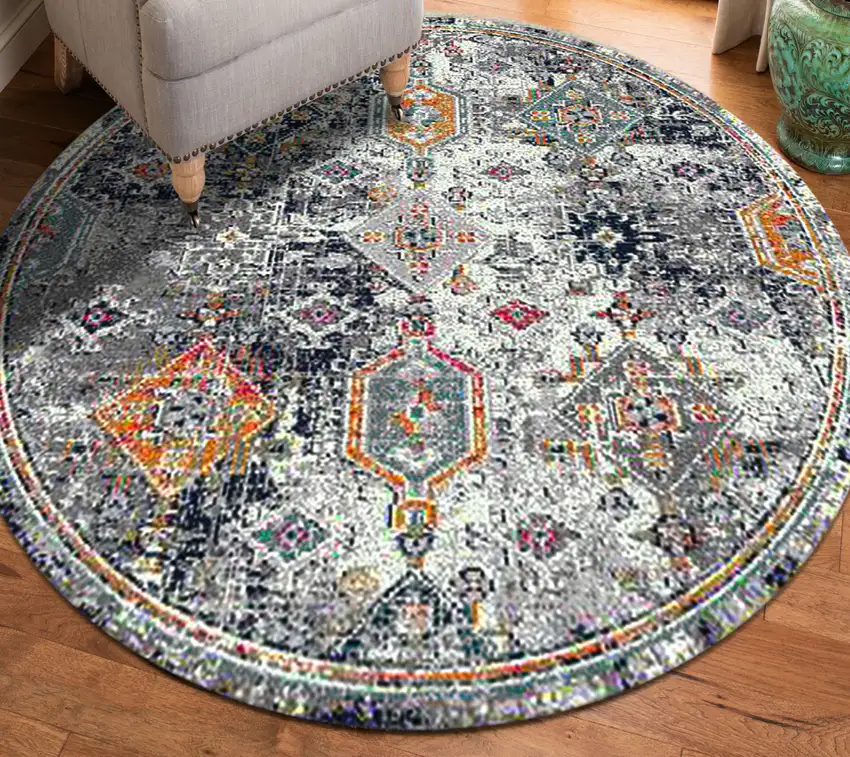 7' Blue and Orange Round Geometric Power Loom Area Rug Photo 7