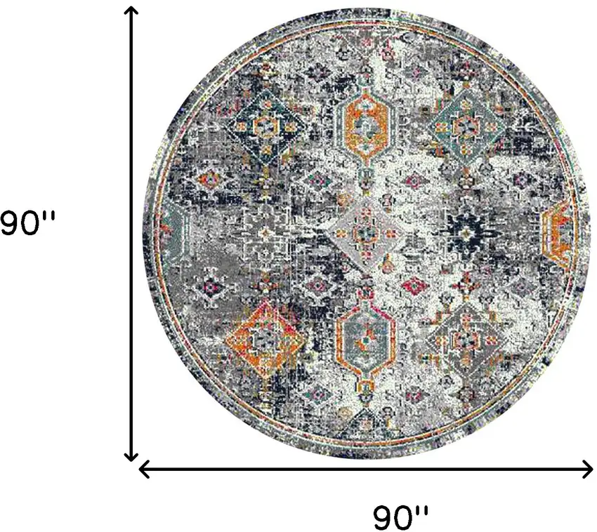 7' Blue and Orange Round Geometric Power Loom Area Rug Photo 8