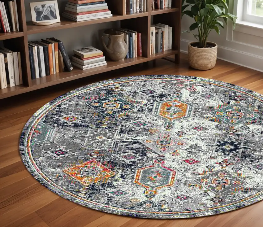 7' Blue and Orange Geometric Power Loom Round Rug Photo 1