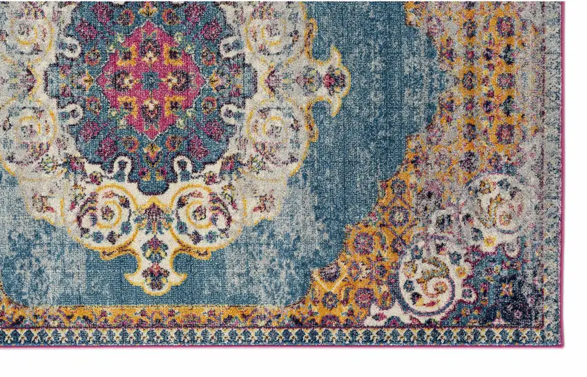 6' Blue and Orange Round Medallion Power Loom Area Rug Photo 2