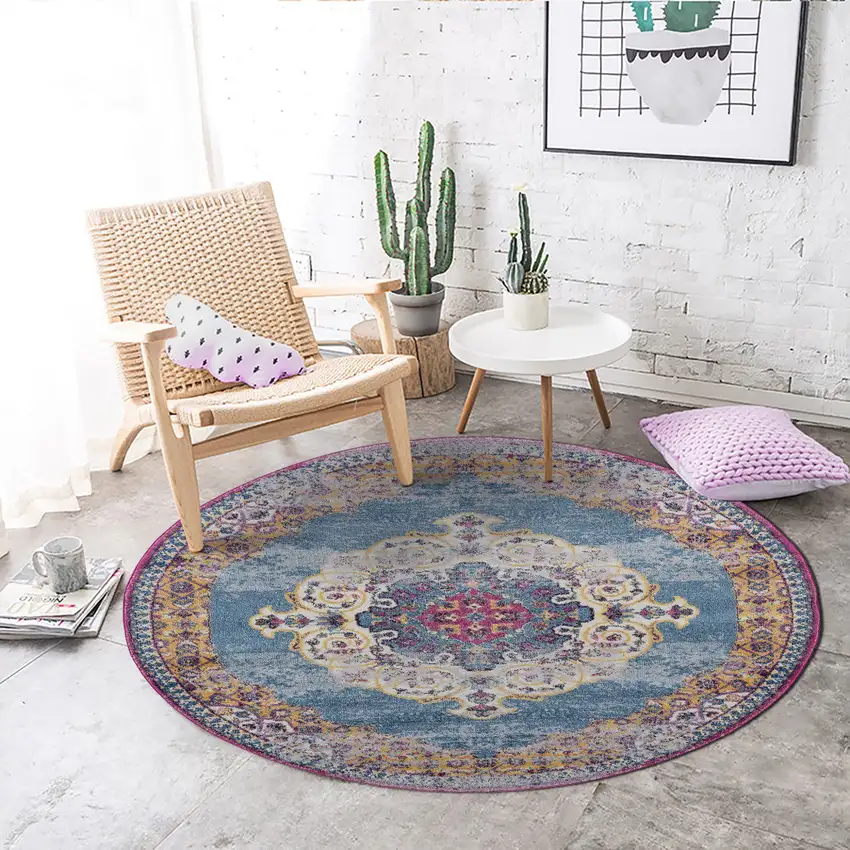 6' Blue and Orange Round Medallion Power Loom Area Rug Photo 6