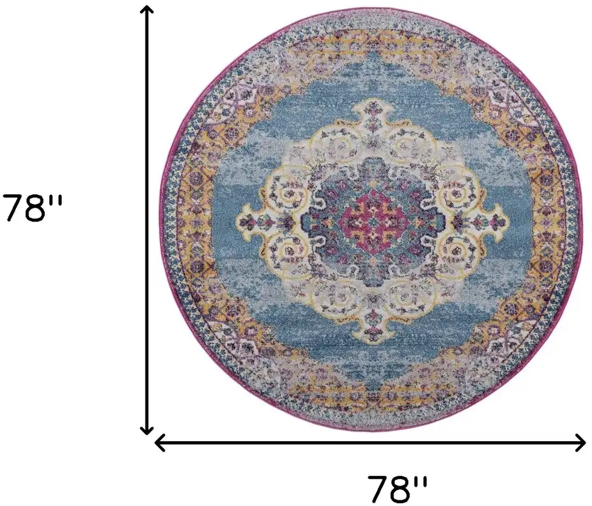 6' Blue and Orange Round Medallion Power Loom Area Rug Photo 7