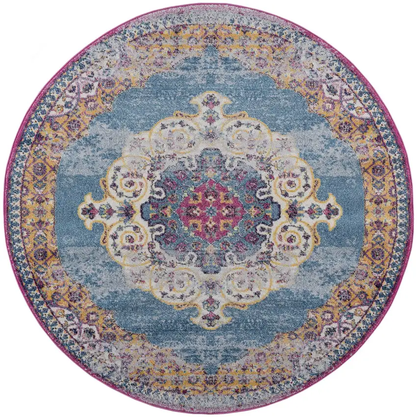 6' Blue and Orange Round Medallion Power Loom Area Rug Photo 1