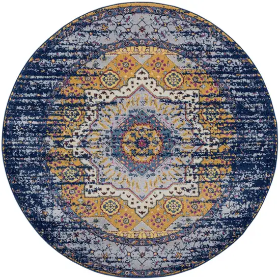 6' Blue and Orange Round Medallion Power Loom Area Rug Photo 1