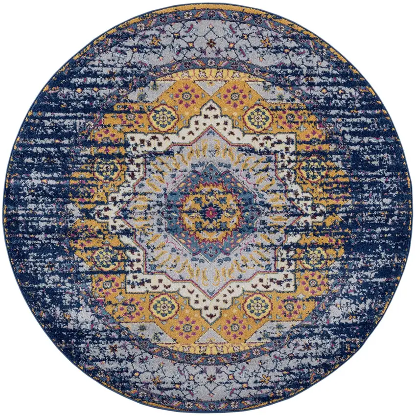 6' Blue and Orange Round Medallion Power Loom Area Rug Photo 1