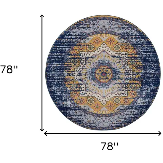 6' Blue and Orange Round Medallion Power Loom Area Rug Photo 6
