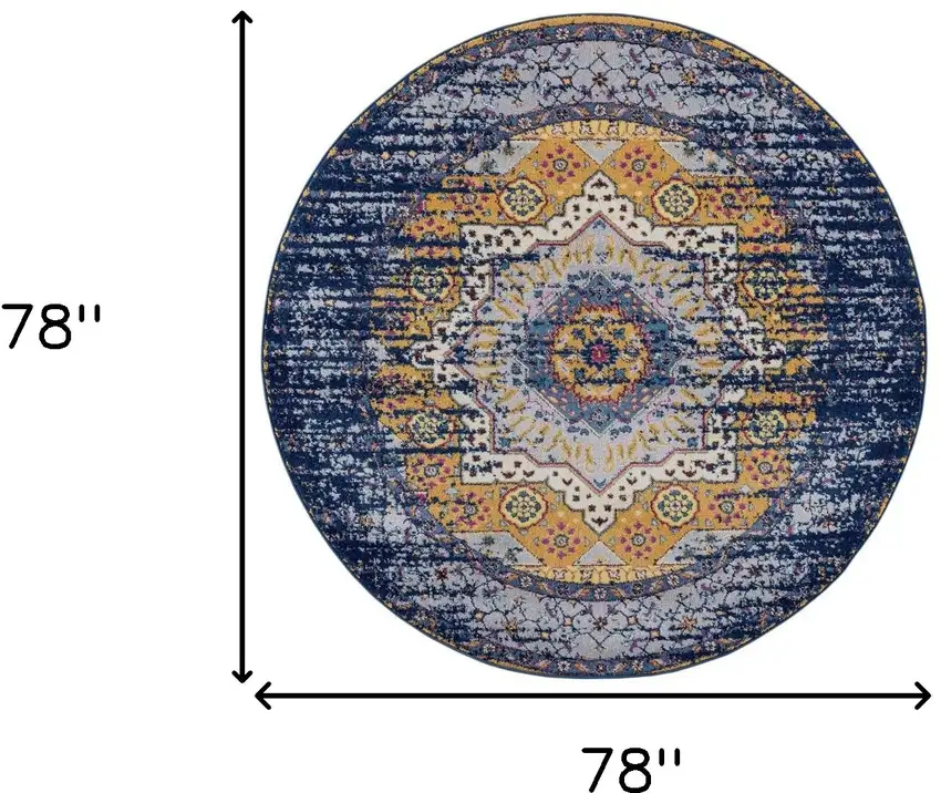 6' Blue and Orange Round Medallion Power Loom Area Rug Photo 6
