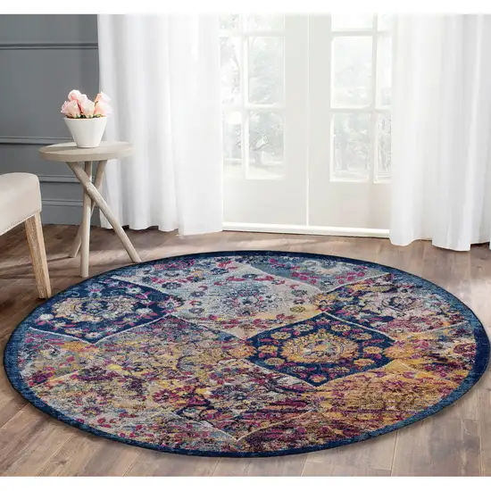 6' Blue and Orange Round Moroccan Power Loom Area Rug Photo 5