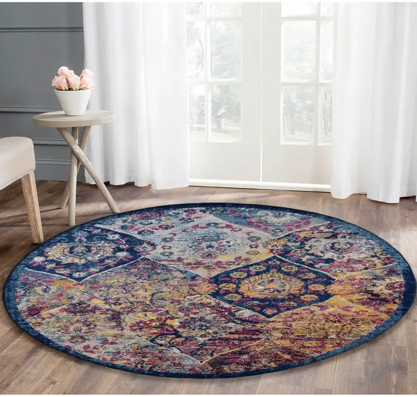6' Blue and Orange Round Moroccan Power Loom Area Rug Photo 5