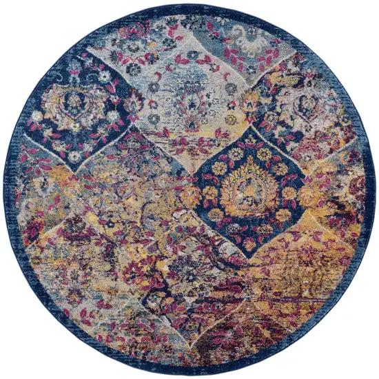 6' Blue and Orange Round Moroccan Power Loom Area Rug Photo 1
