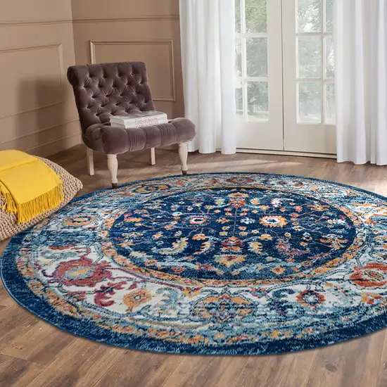 6' Blue Rust and Orange Oriental Power Loom Round Rug Photo 4