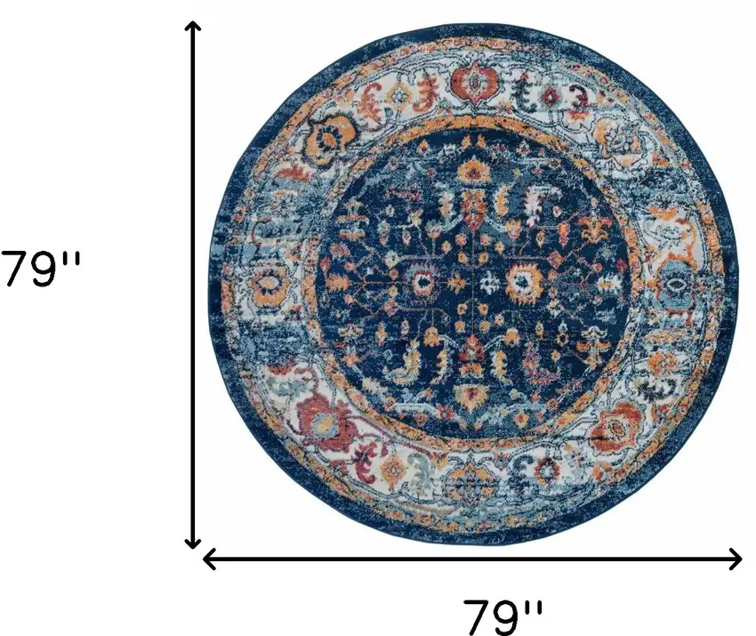 6' Blue and Orange Round Oriental Power Loom Area Rug Photo 6