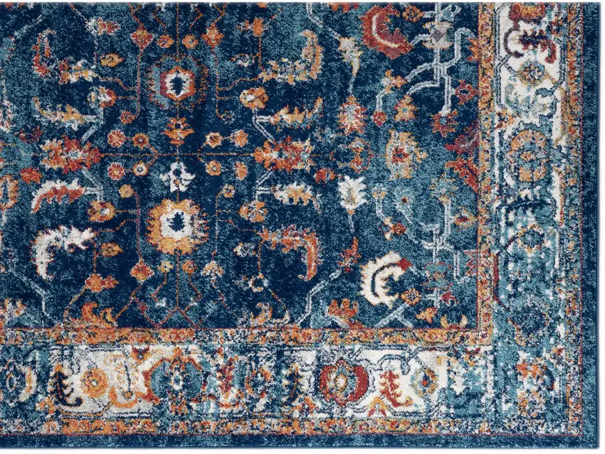 6' Blue and Orange Round Oriental Power Loom Area Rug Photo 2
