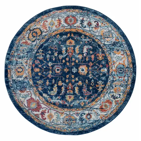 6' Blue Rust and Orange Oriental Power Loom Round Rug Photo 2