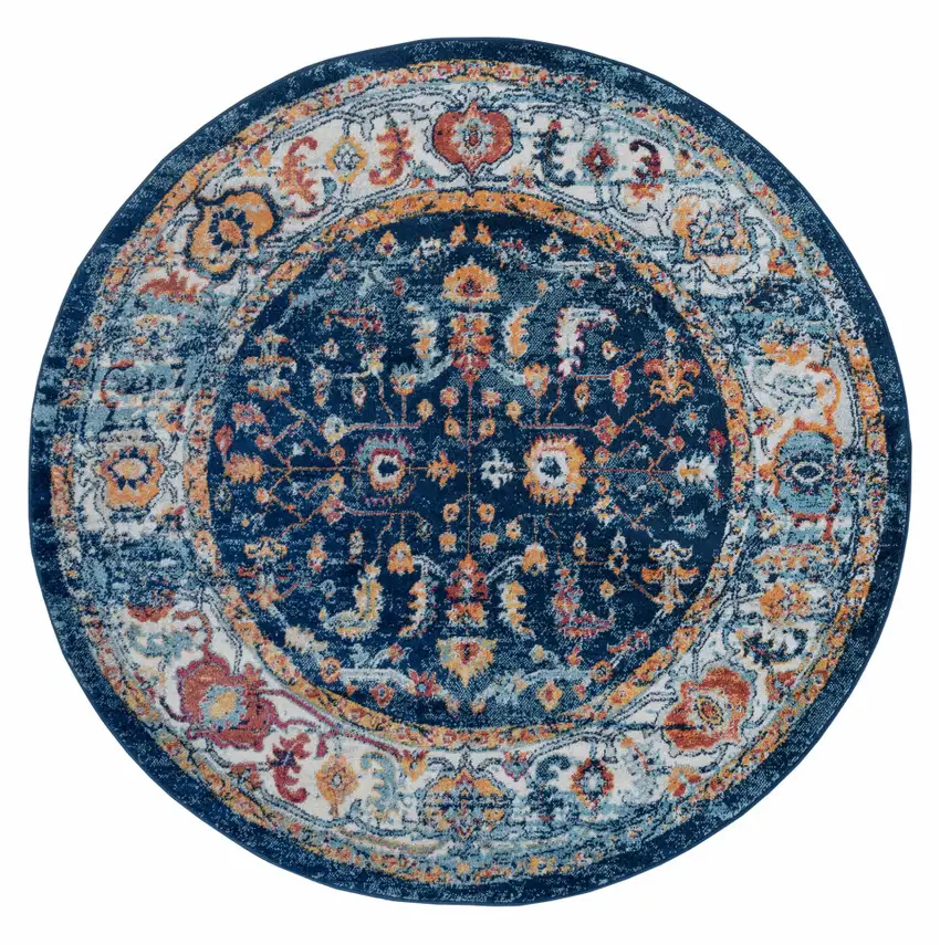 6' Blue Rust and Orange Oriental Power Loom Round Rug Photo 2