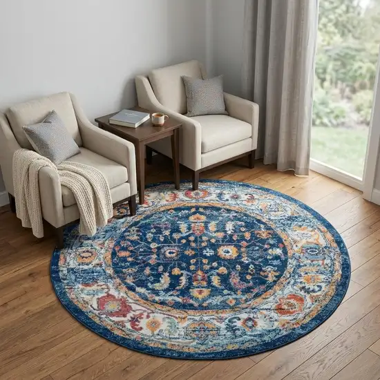 6' Blue Rust and Orange Oriental Power Loom Round Rug Photo 1