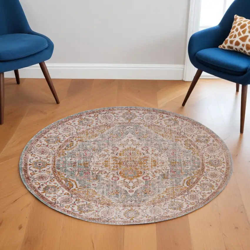 6' Sea Blue and Orange Oriental Power Loom Worn Faded Round Rug Photo 1