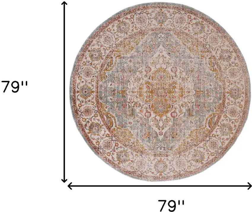 6' Blue and Orange Round Oriental Power Loom Distressed Area Rug Photo 8