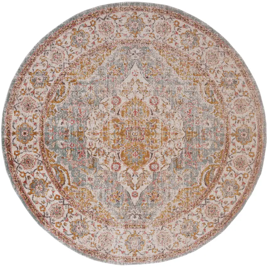 6' Blue and Orange Round Oriental Power Loom Distressed Area Rug Photo 1