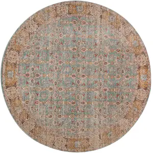 Photo of 6' Blue and Orange Round Oriental Power Loom Distressed Area Rug