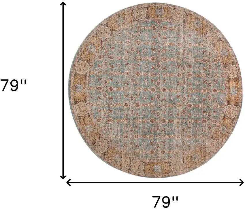 6' Blue and Orange Round Oriental Power Loom Distressed Area Rug Photo 6
