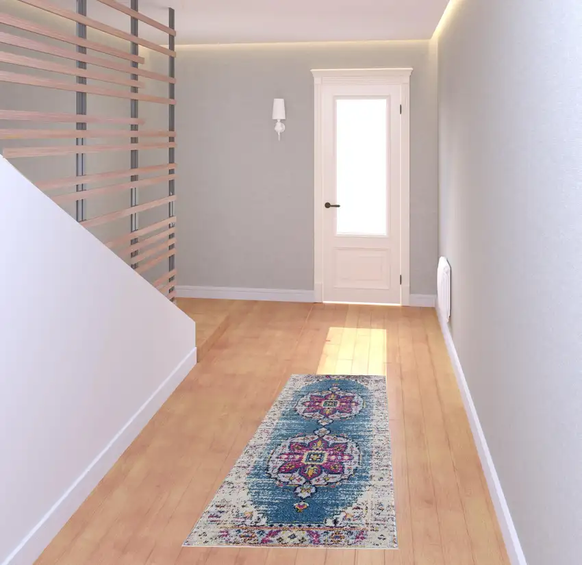 6' Blue and Pink Medallion Power Loom Runner Rug Photo 2