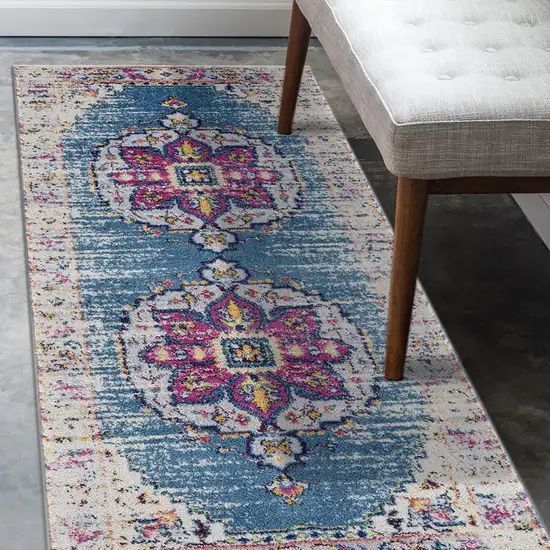 6' Blue and Pink Medallion Power Loom Runner Rug Photo 6